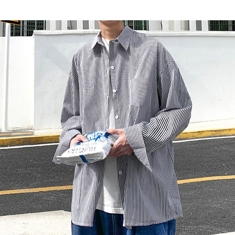 Men Korean Fashions Long Sleeve Shirts 2023 Spring Mens Striped Blue Vintage Shirt Male Cotton Button Up Blouse 5XL