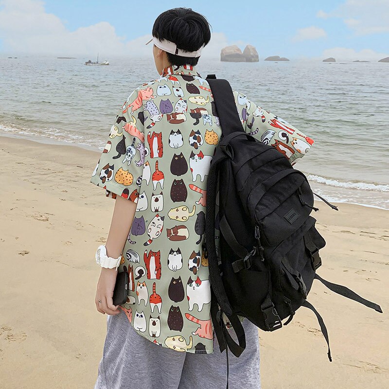 Hawaiian cartoon short sleeve shirt men's summer fashion brand inspi Shuai thin loose cotton half sleeve camisa streetwear