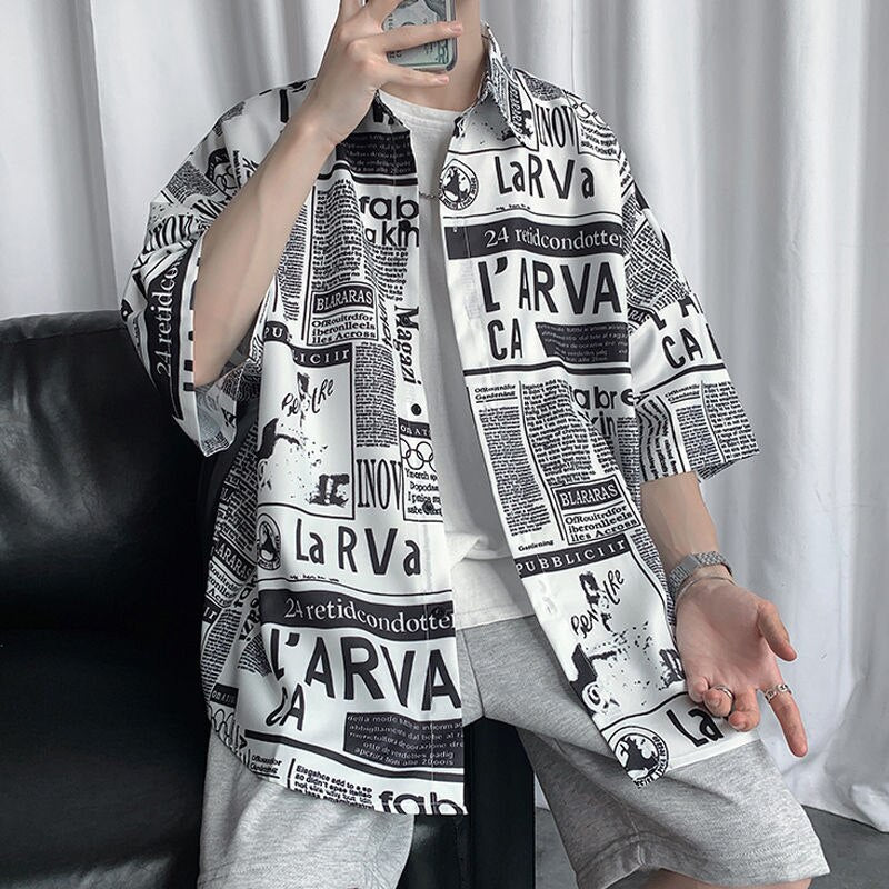 Newspaper Print Shirt Men's Japanese Loose Half Sleeve Blouses Summer Casual Stand Collar Tops For Teen Boys