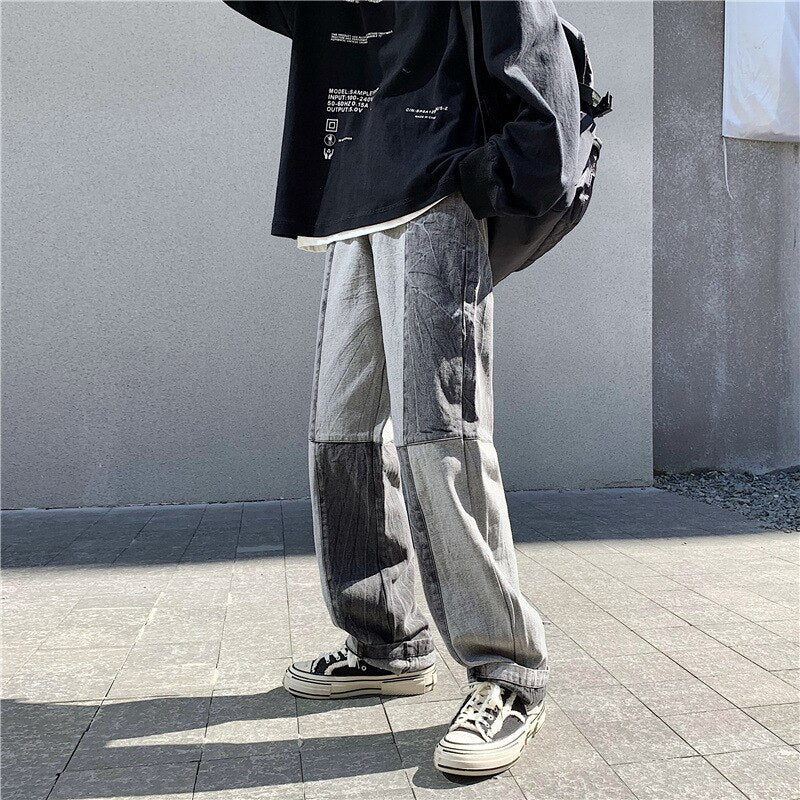 Korean Style Fashion Men's Denim Wide-leg Pants 2023 New Autumn Loose Straight-leg Jeans Paneled Denim Trousers Male