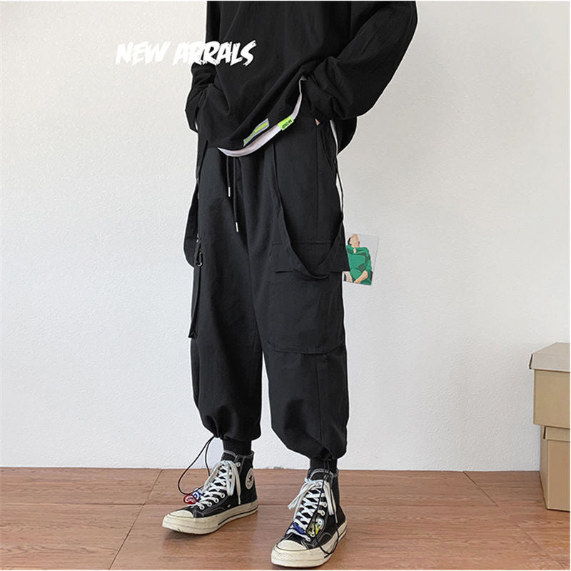 Cargo Pants Men Korean Trendy Loose Maxi Black Overalls Safari Style Elastic Waist Pants With Pocket