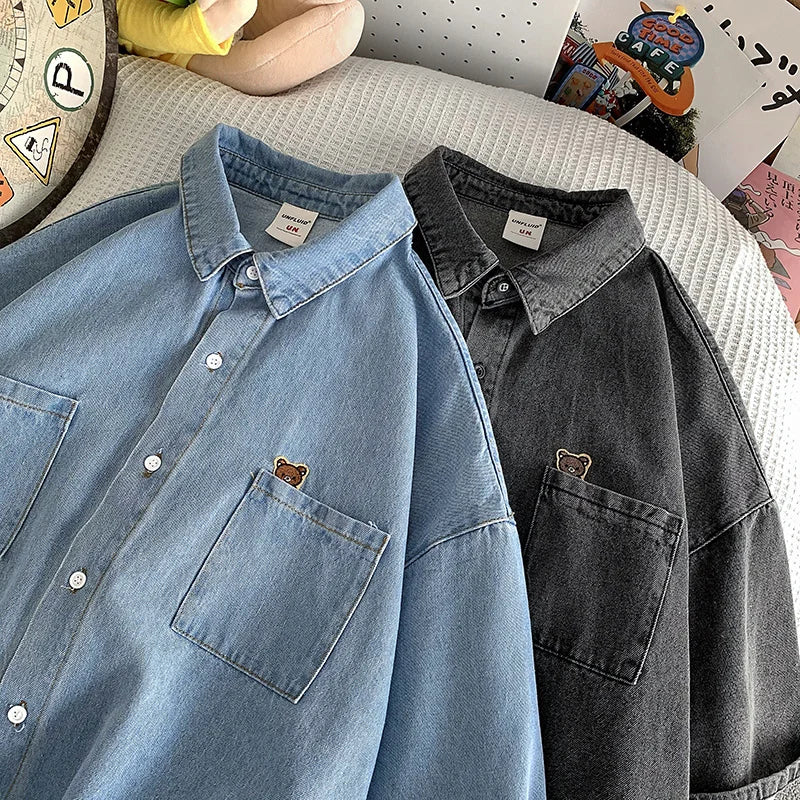 Bear Embroidered Denim Short Sleeve Shirt Men's summer half Sleeve coat thin ruffian handsome trend camisa shirts streetwear