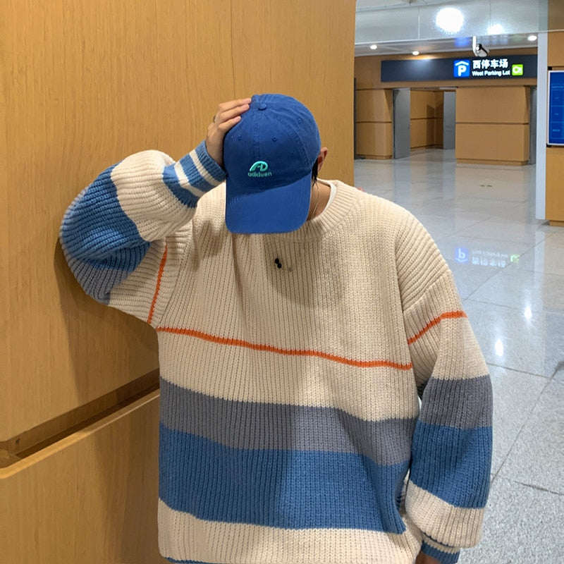 Striped sweater men's autumn and winter fashion brand loose color matching sweater coat versatile lazy wind thickened round neck