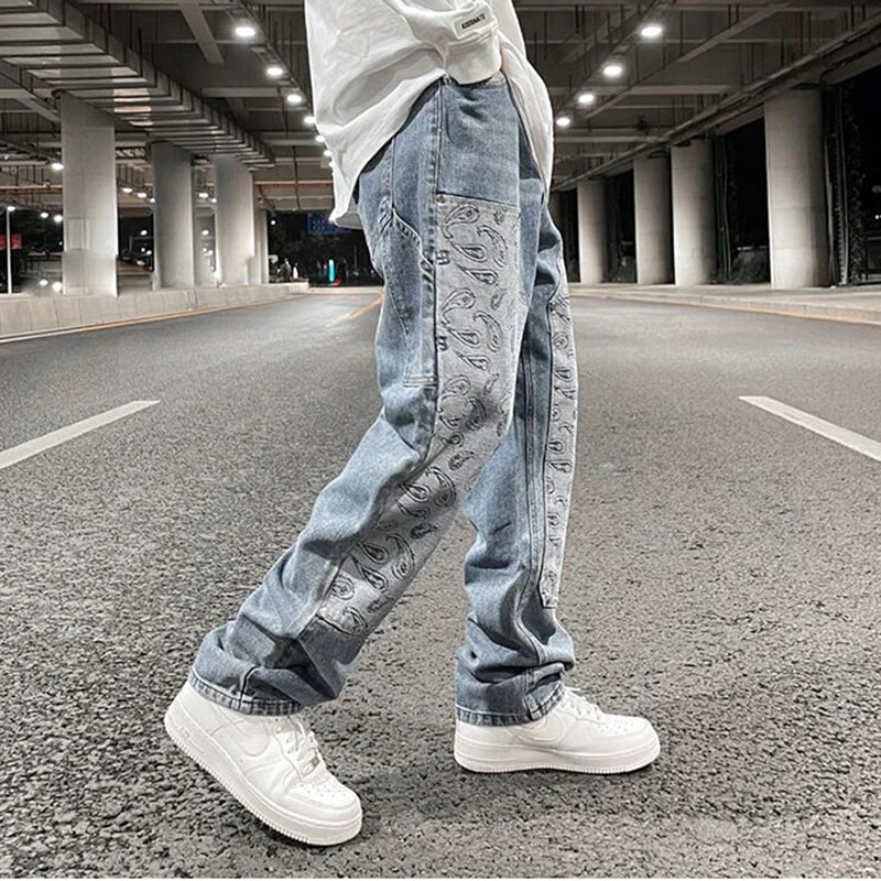 FORUWISH  -  Hip Hop Washed Blue Patchwork Cashew Flower Casual Men's Jeans Trousers Straight Retro High Street Oversized Baggy Denim Pants