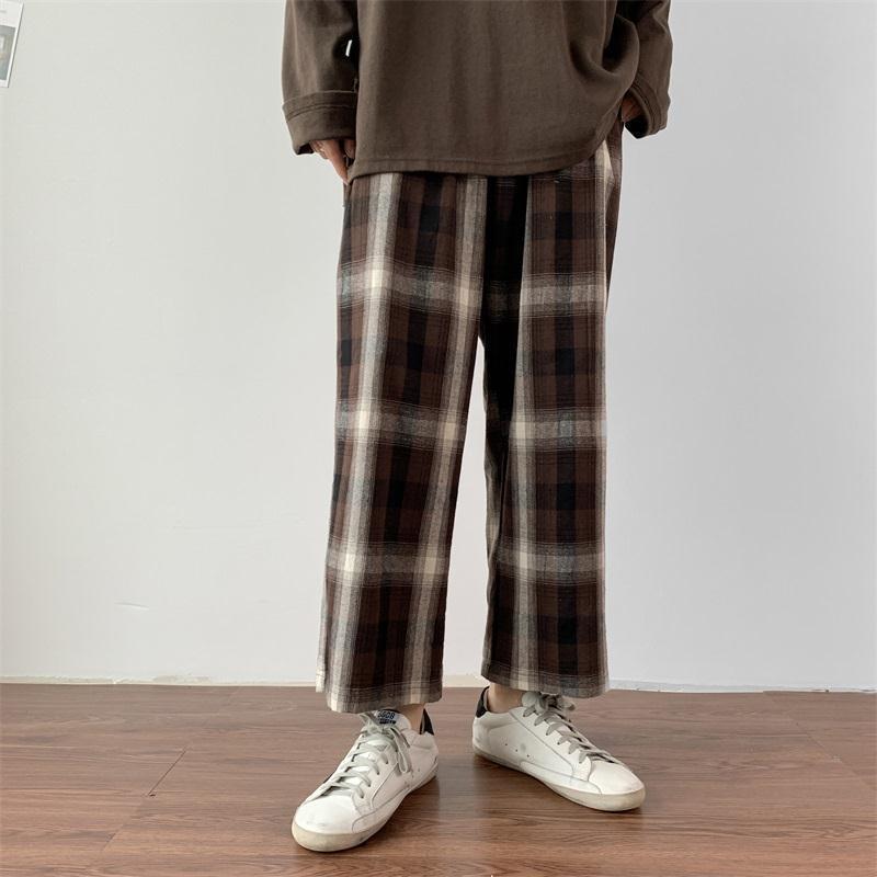 New Japanese Loose Cropped Pants Harajuke Plaid Casual Pants Autumn Korean Elastic Waist Wide Leg Pant