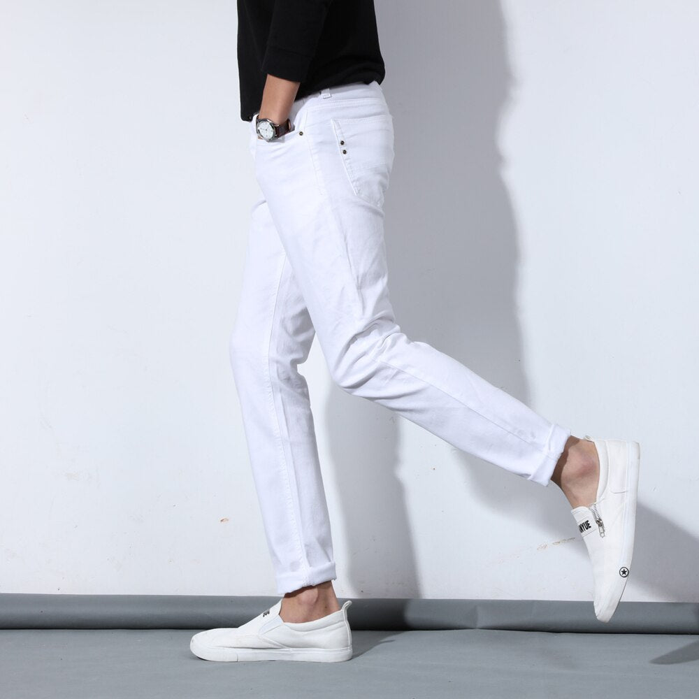 Autumn Men's Pure White Cotton Jeans Fashion Casual Slim Stretch Pants Male Brand Clothes