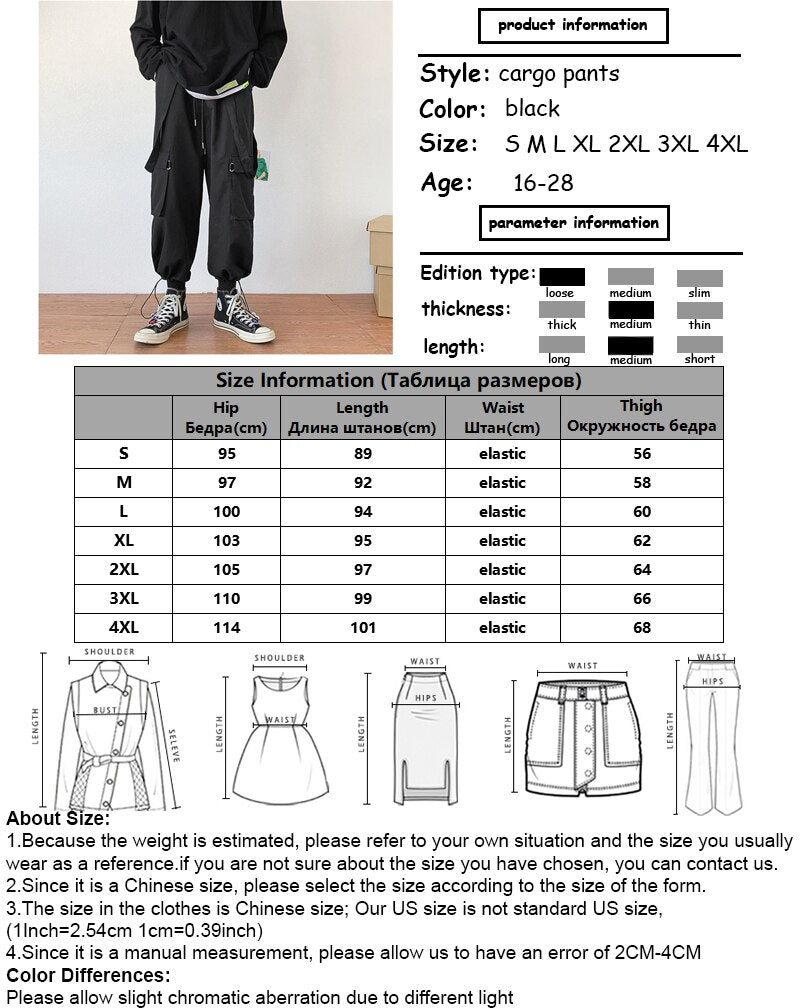 Cargo Pants Men Korean Trendy Loose Maxi Black Overalls Safari Style Elastic Waist Pants With Pocket