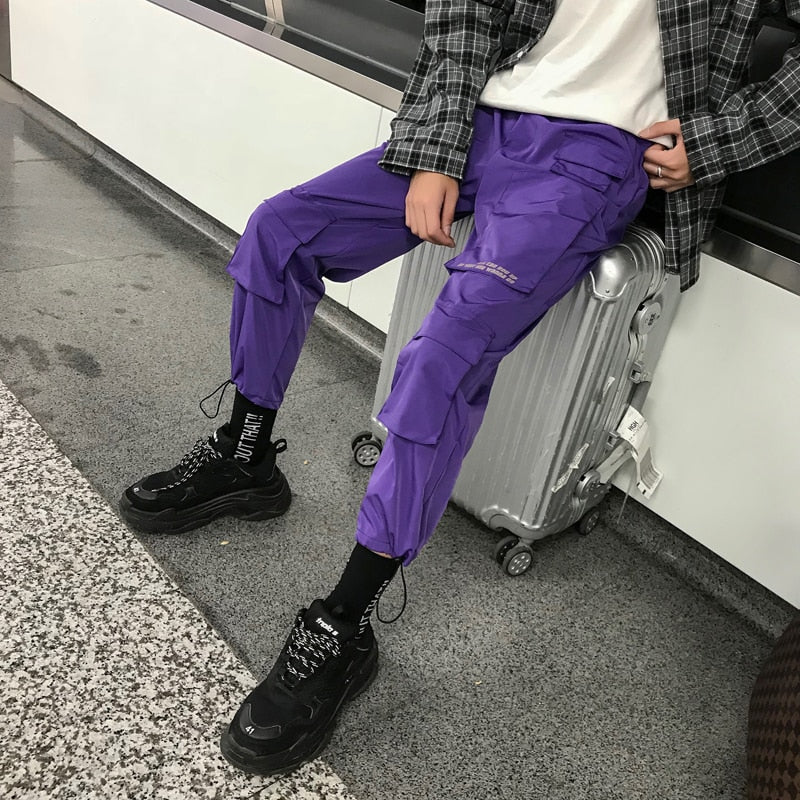 Fashion Men Streetwear Cargo Pants Mens Trousers Hip Hop Joggers Pockets Purple Men Woman Sweatpants Korean Ankle-Length Pants