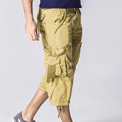 42 40 Plus Size Fashion Multi Pocket Cotton Loose Capri-Pants-Men Long Cargo Shorts Baggy 3/4 Pant Red Khaki  Olive Green Grey