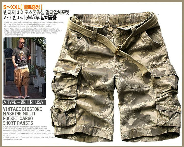 2023 New Summer Multi-pocket Camouflage Mens Shorts Casual Loose Camo Knee-length Mens Cargo Shorts With Belt S-3XL