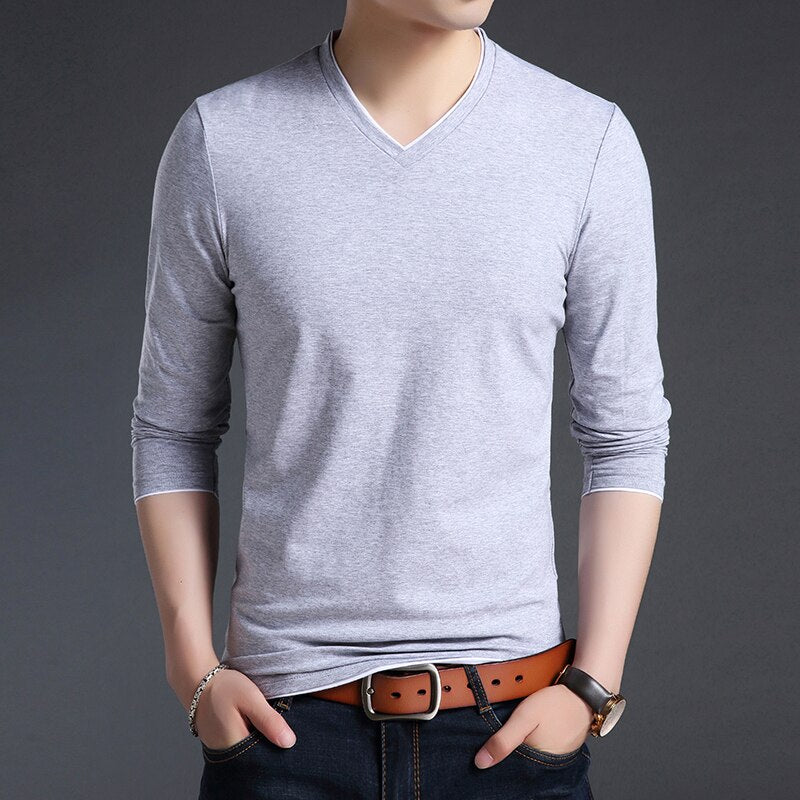 2023 New Fashion Brand T Shirts Men V Neck Street Wear Tops Trending Mercerized Cotton Korean Long Sleeve Tee Men Clothing