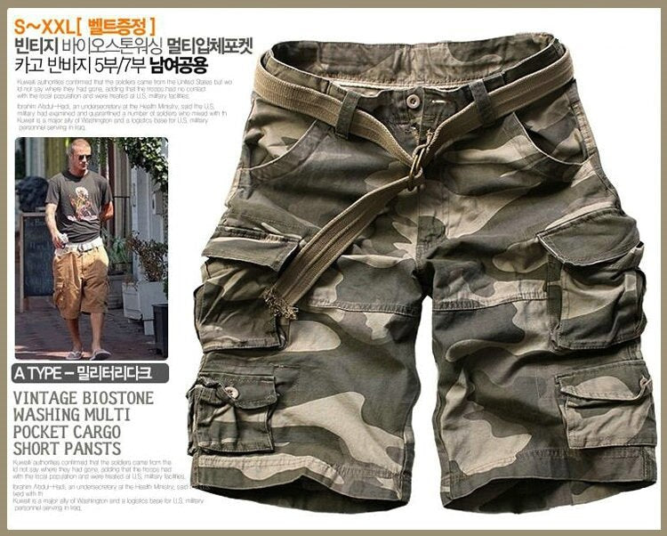 Summer Cargo Shorts Men Many Pocket Camouflage Half Trousers Short Casual Loose Camo Shorts Knee length With Belt Bermuda Male