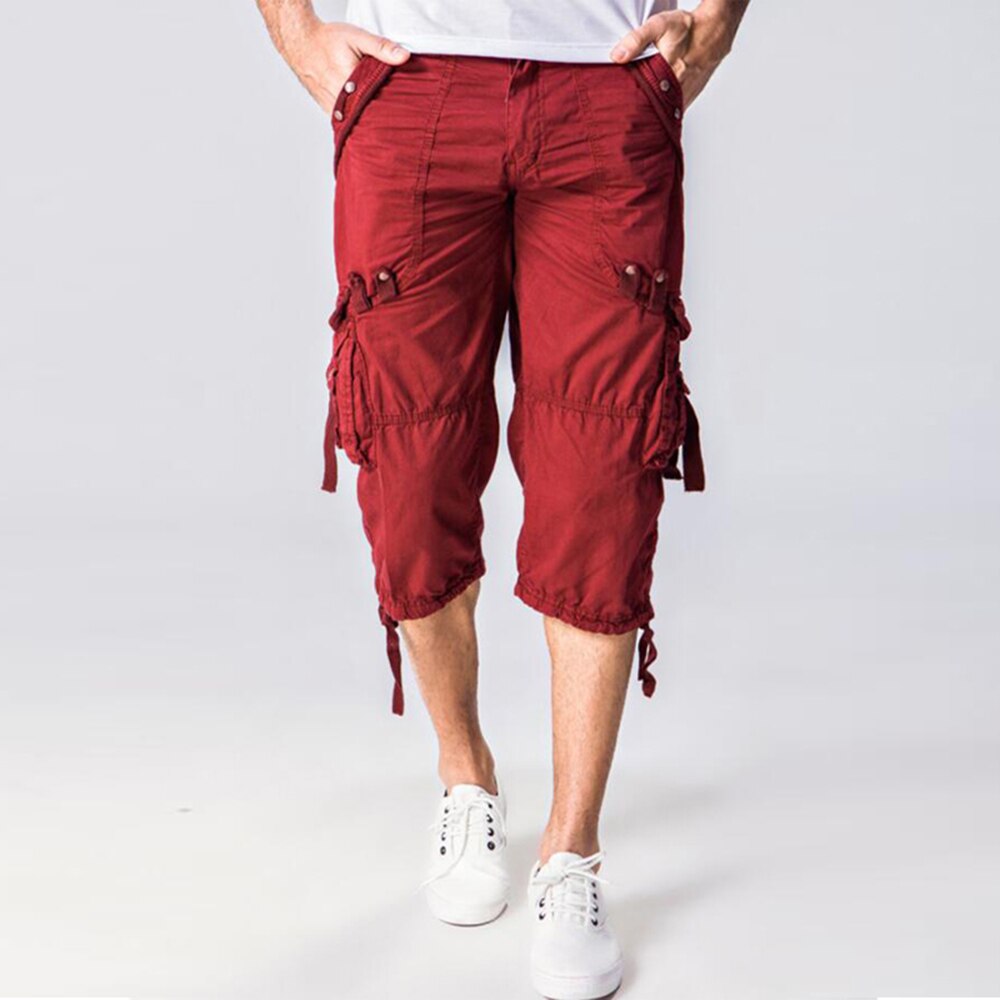 42 40 Plus Size Fashion Multi Pocket Cotton Loose Capri-Pants-Men Long Cargo Shorts Baggy 3/4 Pant Red Khaki  Olive Green Grey