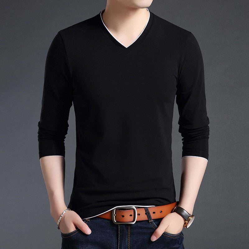 2023 New Fashion Brand T Shirts Men V Neck Street Wear Tops Trending Mercerized Cotton Korean Long Sleeve Tee Men Clothing