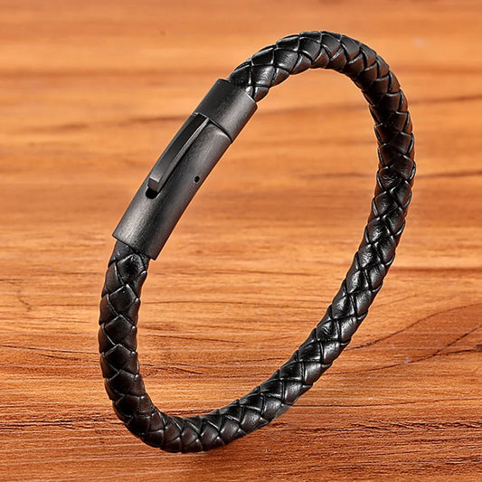 New Classic Style Men Leather Bracelet Simple Black Stainless Steel Button Neutral Accessories Hand-woven Jewelry Gifts