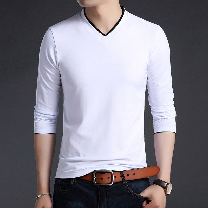 2023 New Fashion Brand T Shirts Men V Neck Street Wear Tops Trending Mercerized Cotton Korean Long Sleeve Tee Men Clothing