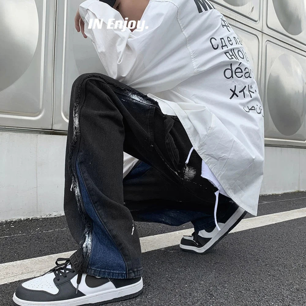 High Street Pants American Street Skateboard Washed Splash Jeans Men's Floor Pants Streetwear Hiphop Panic Buying Denim Men