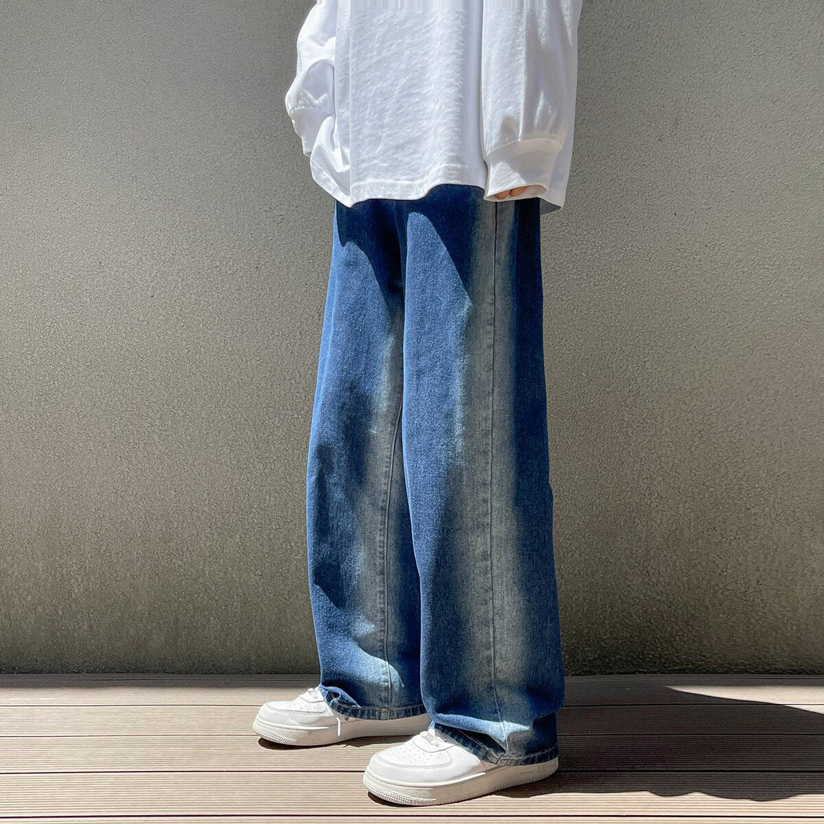 Spring New Men's Denim Wide-leg Pants Streetwear Korean Fashion Gradient Baggy Jeans Loose Straight-leg Trousers Black Blue