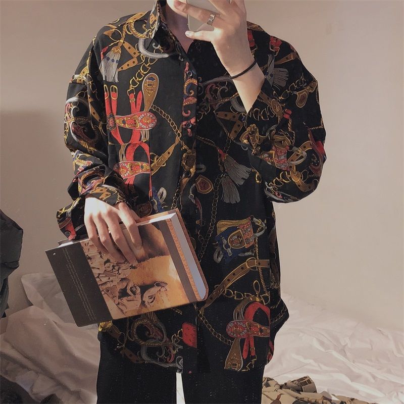 2023 New Beach Hawaiian Shirt for Men Long Sleeve Casual Loose Harajuku Floral Print Blouse Button Up Mens Shirts Streetwear