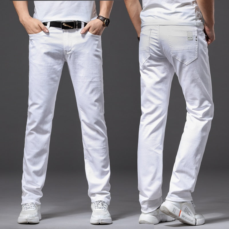 Spring New Men's Stretch White Jeans  Classic Style Slim Fit Soft Trousers Male Brand Business Casual Pants