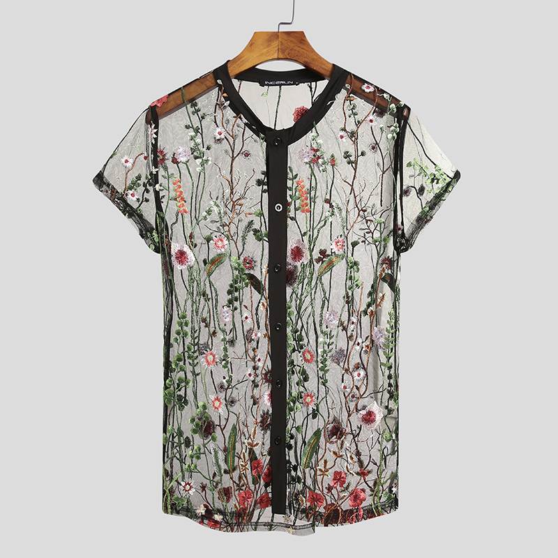 2023 Fashion Men Mesh Shirts Embroidered Short Sleeve Sexy See Through Tops Button Breathable Party Nightclub Shirts INCERUN 5XL
