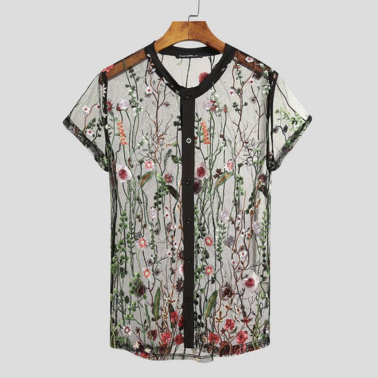 2023 Fashion Men Mesh Shirts Embroidered Short Sleeve Sexy See Through Tops Button Breathable Party Nightclub Shirts INCERUN 5XL