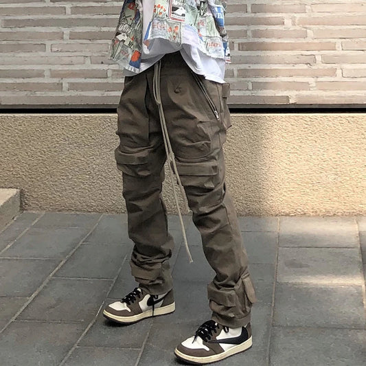 FORUWISH  -  High Street Multi-pocket Drawstring Overalls Mens Straight Vibe Style Oversize Casual Cargo Pants Hip Hop Loose Baggy Trousers