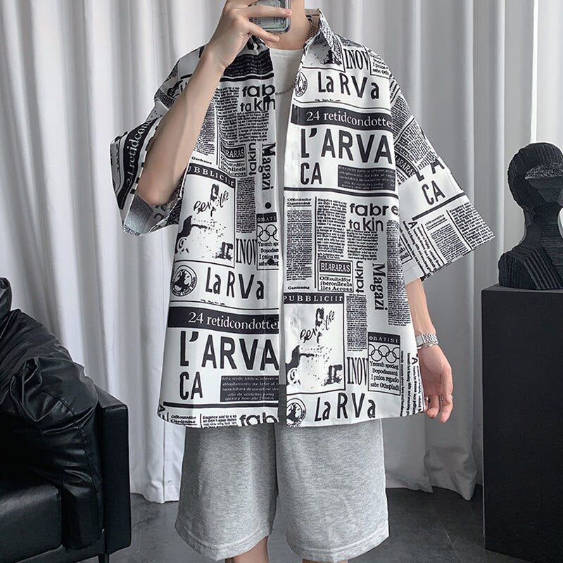 Newspaper Print Shirt Men's Japanese Loose Half Sleeve Blouses Summer Casual Stand Collar Tops For Teen Boys