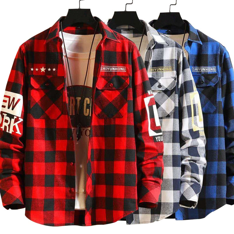 Men's Streetwear Thick Shirts Men Clothing Harajuku Color Block Plaid Shirt  Long Sleeve Male Vintage Korean Fashions Clothes