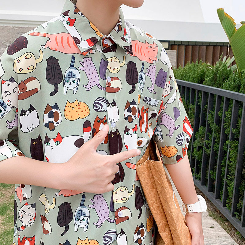 Hawaiian cartoon short sleeve shirt men's summer fashion brand inspi Shuai thin loose cotton half sleeve camisa streetwear