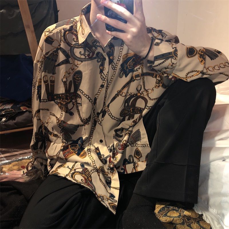 2023 New Beach Hawaiian Shirt for Men Long Sleeve Casual Loose Harajuku Floral Print Blouse Button Up Mens Shirts Streetwear