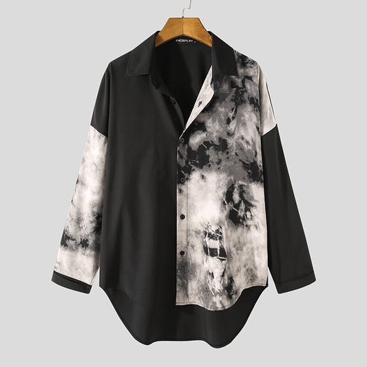 Men Casual Shirt Spring Print Patchwork Lapel Long Sleeve Streetwear Tops 2023 Korean Loose Fashion Shirts Camisas 5XL