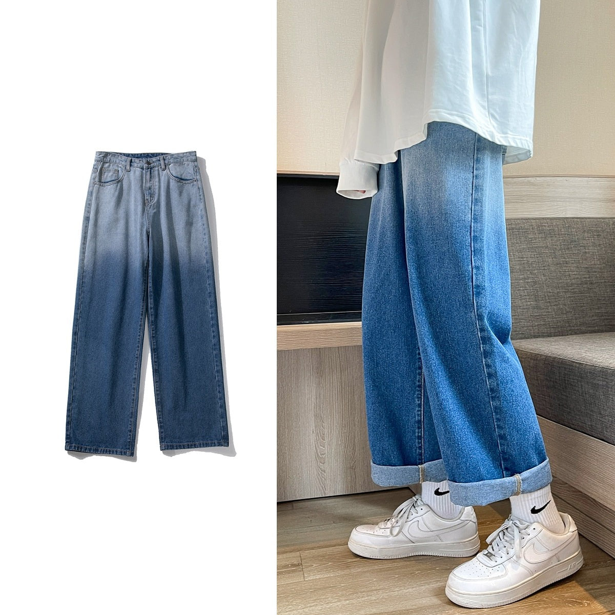 Spring New Men's Denim Wide-leg Pants Streetwear Korean Fashion Gradient Baggy Jeans Male Brand Clothes Black Blue