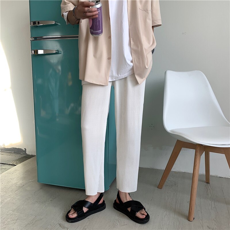 Pleated Straight Pants Men's Fashion Elastic Waist Casual Pants Men Streetwear Loose Ice Silk Trousers Mens Wide Leg Pants S-XL