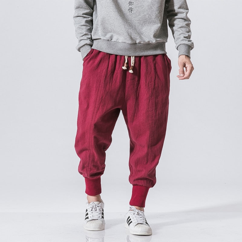 Chinese Style Harem Pants Men Streetwear Casual Joggers Mens Pants Cotton Linen Sweatpants Ankle-length Men Trousers M-5XL