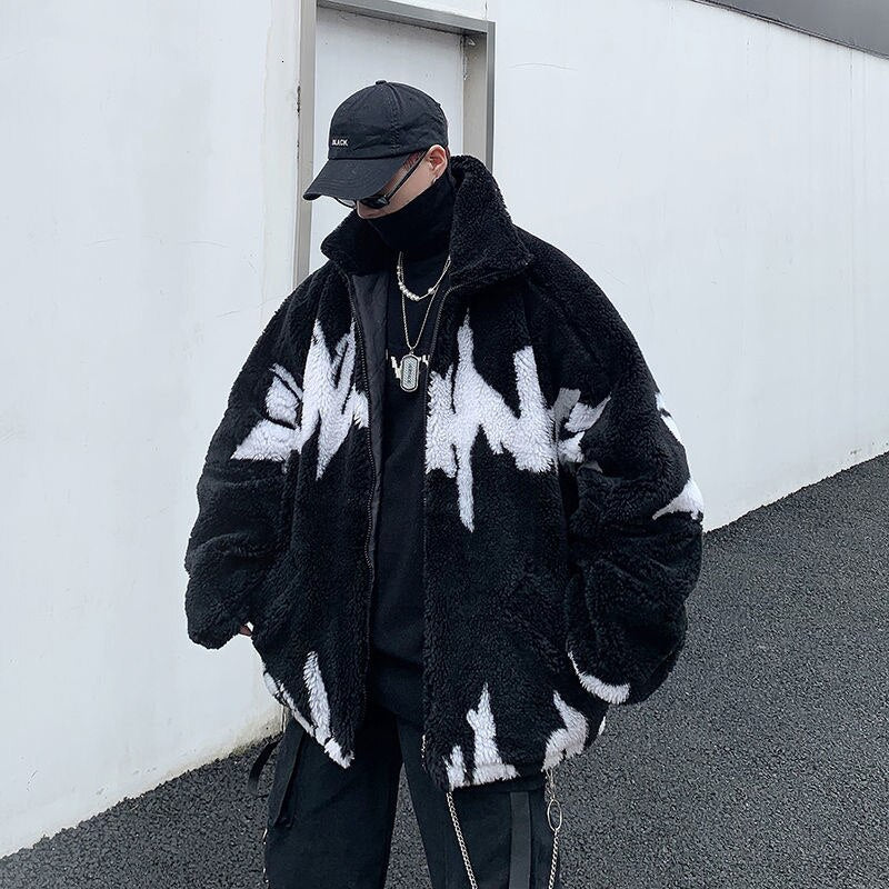 Winter New Lamb Wool Jacket Harajuku Fashion Casual Oversize Pattern Male Thicken Warm Parkas Hip Hop Loose Coat