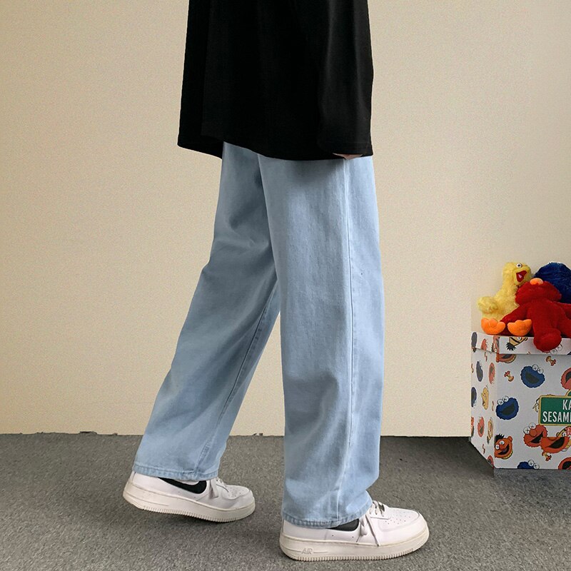 Men's Hip Hop Loose Jeans Autumn New Streetwear Straight Baggy Wide Leg Pants Male Brand Trousers Light Blue