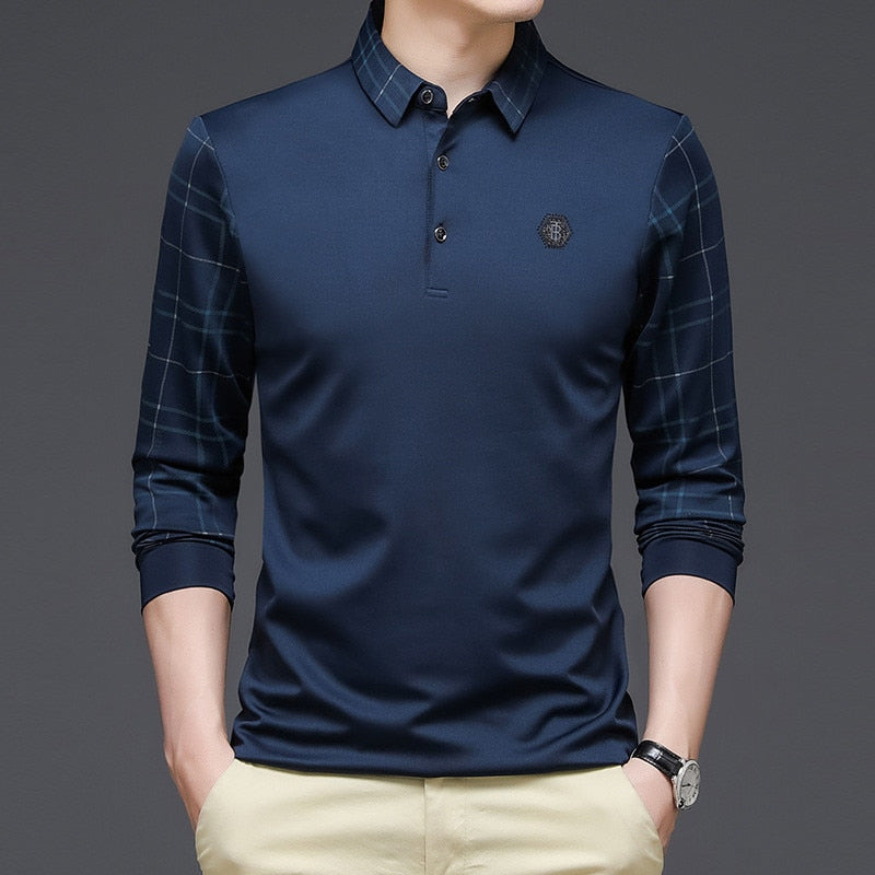 New Fashion Solid Polo Shirt Men Korean Fashion Clothing Long Sleeve Casual Fit Slim Man Polo Shirt Button Collar Tops