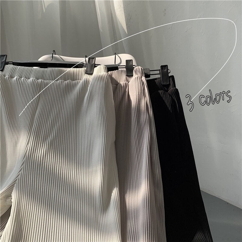 Pleated Straight Pants Men's Fashion Elastic Waist Casual Pants Men Streetwear Loose Ice Silk Trousers Mens Wide Leg Pants S-XL