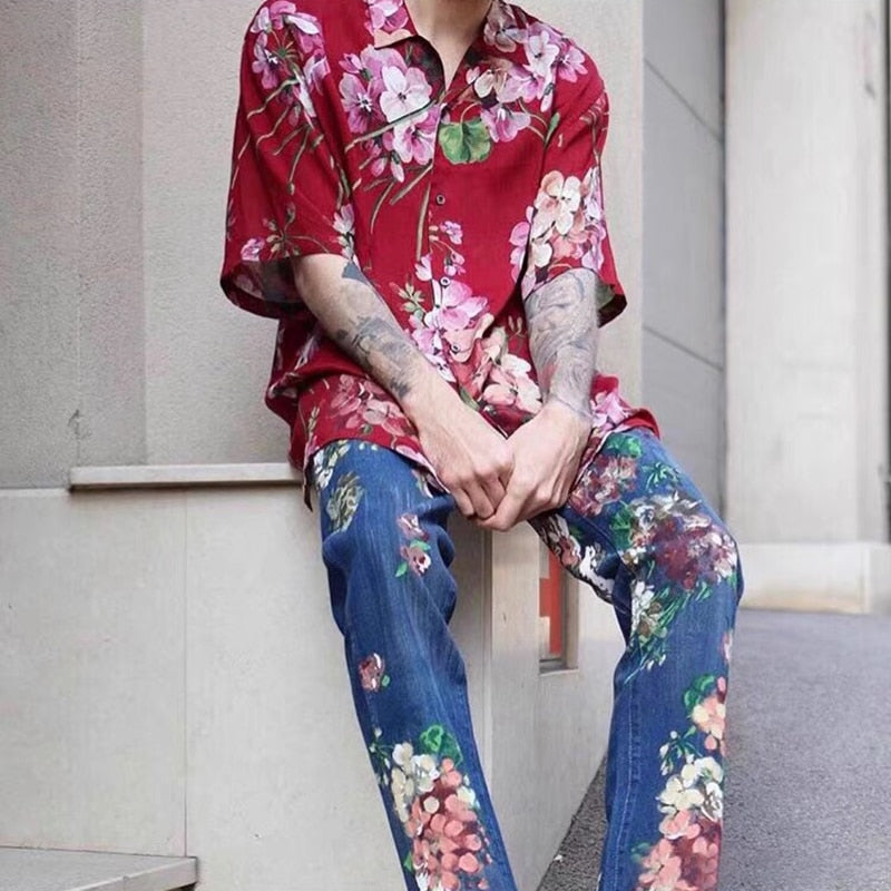 Hand Painted Floral Jeans Mens Straight Oversized Retro Casual Denim Pants Loose Washed Ripped Jean Trousers