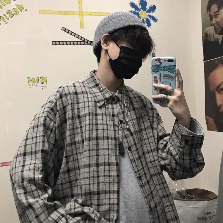 Ootdstudio Korean Ins Versatile Plaid Loose Oversize Long Sleeve Shirt for Men and Camisa Masculina Gray Shirts