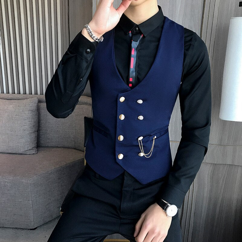 Dress vest men wedding suit vests double-breasted fashion classic wait coat for men business casual barber work vest male