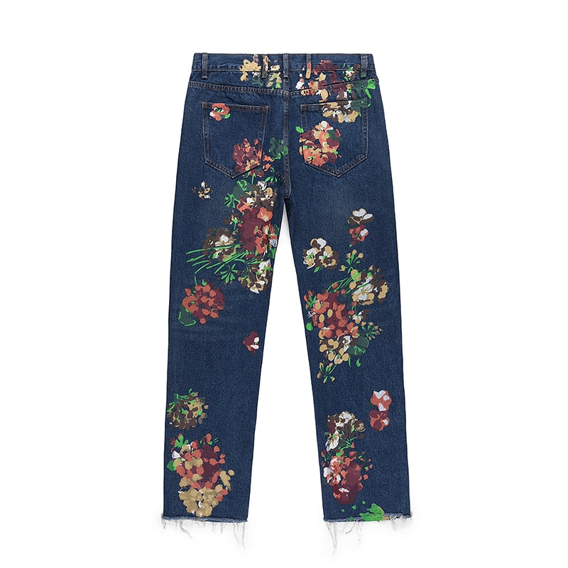 Hand Painted Floral Jeans Mens Straight Oversized Retro Casual Denim Pants Loose Washed Ripped Jean Trousers