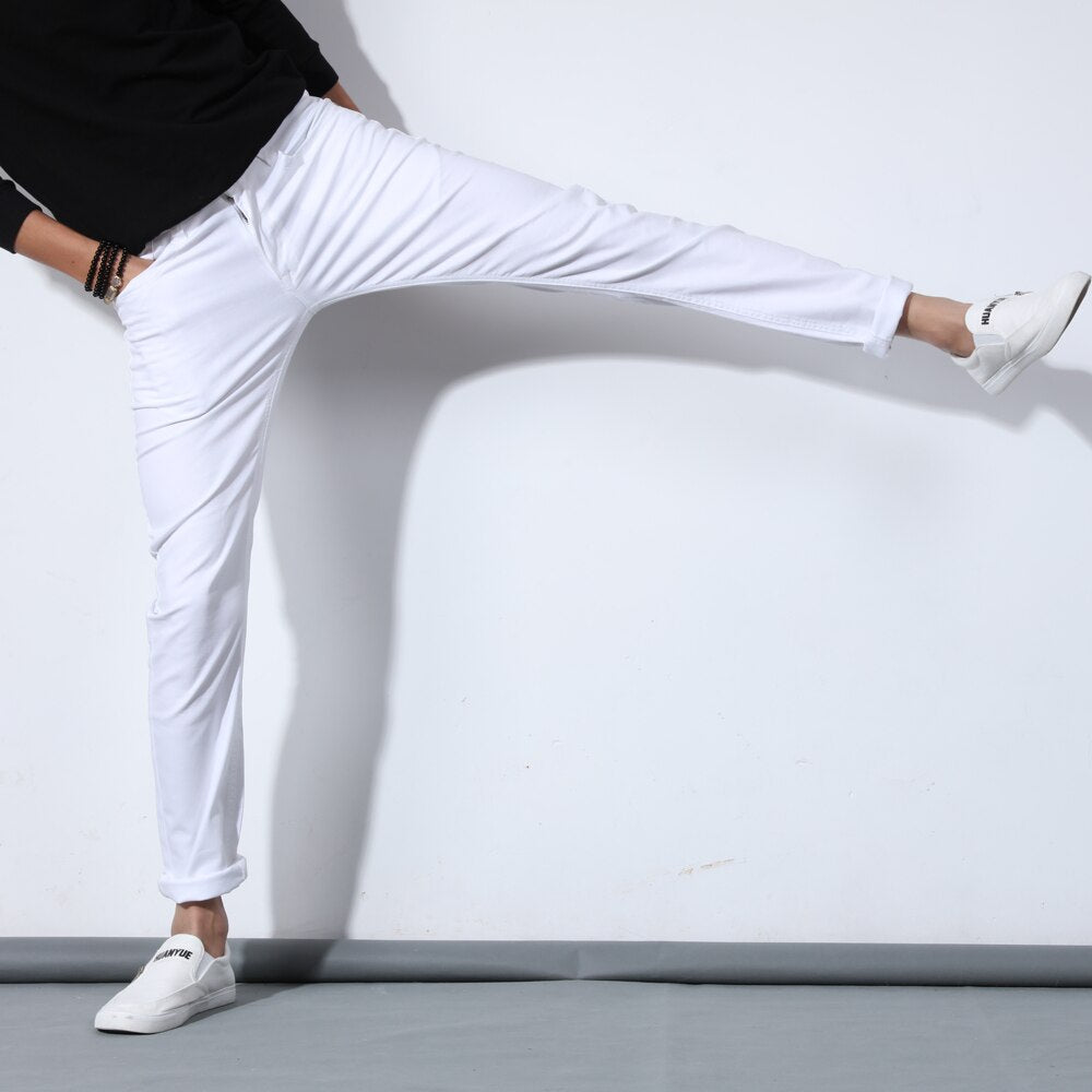 Autumn Men's Pure White Cotton Jeans Fashion Casual Slim Stretch Pants Male Brand Clothes