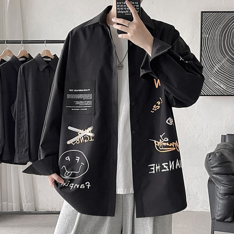 Spring Autumn Men's Shirt Long Sleeve Graffiti Oversized Shirts Men Korean Style Fashion Harajuku Men's Clothing Streetwear