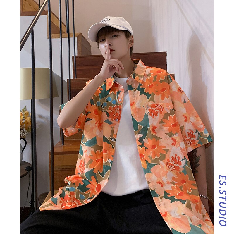 brand shirt men's couple's Hawaiian Flower short sleeve coat fashion Korean summer quarter sleeve harajuku shirts for men