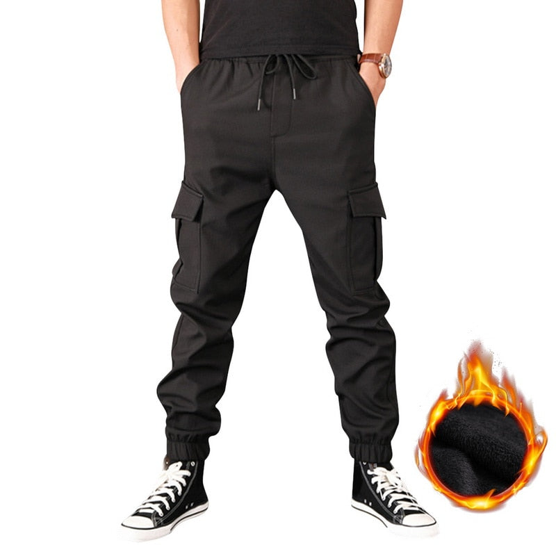 Winter Men Pants Thick Fleece Joggers Multi Pocket Loose Sport Trousers Male Casual Warm Sweatpants Cargo Pants M-6XL