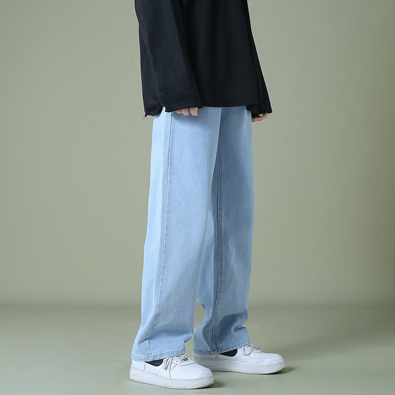 Autumn New Men's Black Denim Wide-leg Pants Streetwear Straight Loose Elastic Waist Jeans Korean Style Trousers Male