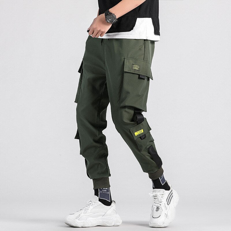 Hip Hop Boy Track Pants Elastic Waist Harem Pant Men Streetwear Punk Ribbons Design Trousers Male Black Pant Pockets Joggers