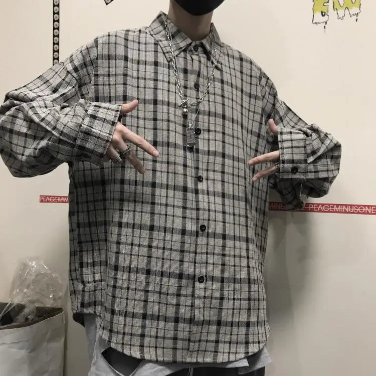 Ootdstudio Korean Ins Versatile Plaid Loose Oversize Long Sleeve Shirt for Men and Camisa Masculina Gray Shirts